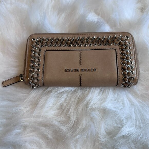 Karen Millen Wallet Calf Leather Full Zip Center Accordion Nude Tan Braid #GK116 - Picture 1 of 14